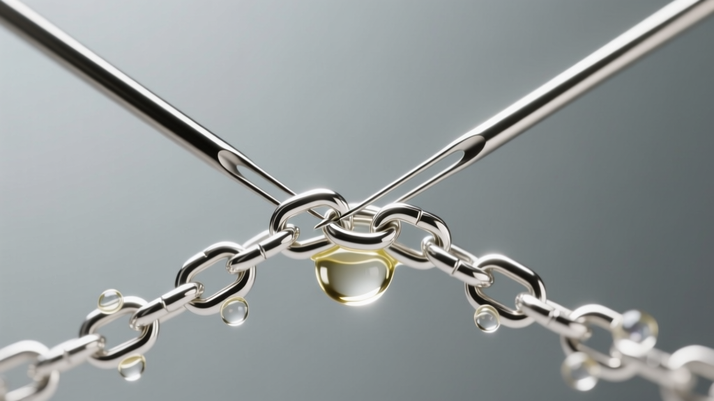 Close-up of two steel sewing needles separating a micro-knot in a delicate sterling silver box chain using clear mineral oil