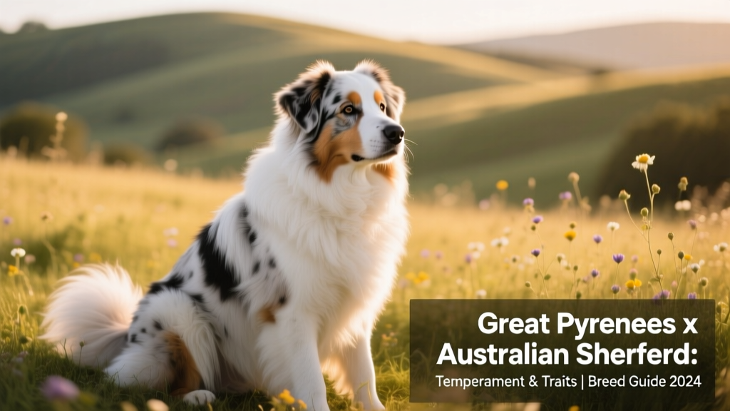 A calm, fluffy Great Pyrenees Australian Shepherd mix sitting outdoors, showing its thick white-and-tricolor coat and expressive eyes