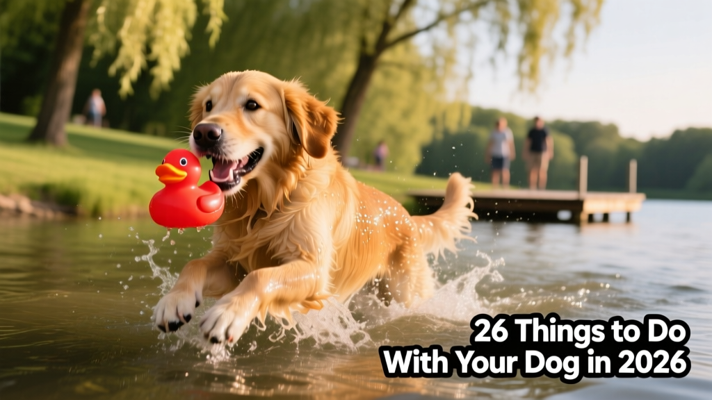 A golden retriever happily retrieving a toy from shallow water during a supervised swim session