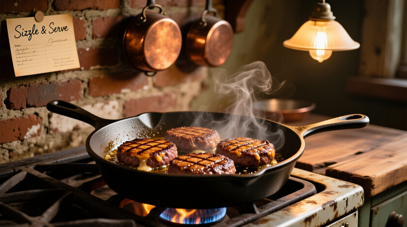 Cast iron skillet with sizzling beef patties
