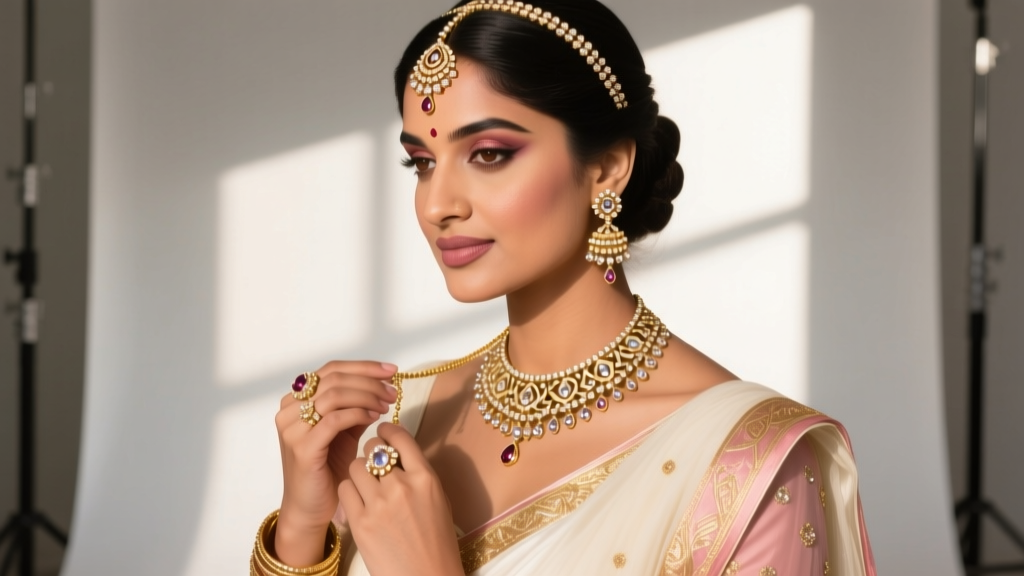 Indian bride styling a convertible matte-gold Polki necklace detached into a minimal choker and matching matha patti headpiece