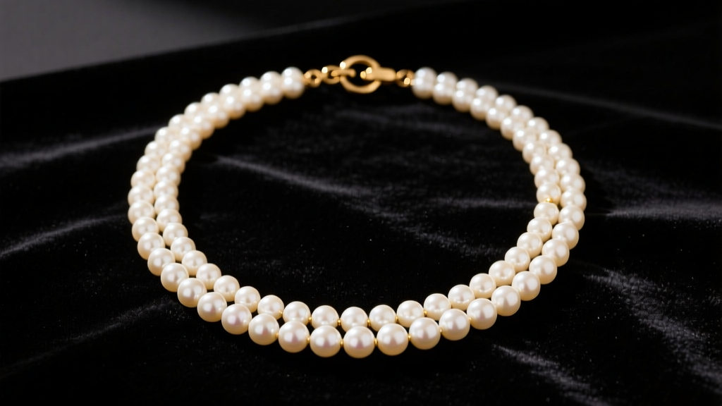 Elegant flat lay of a vintage Vendome triple-strand faux pearl necklace with gold-tone clasp on dark velvet, soft studio lighting