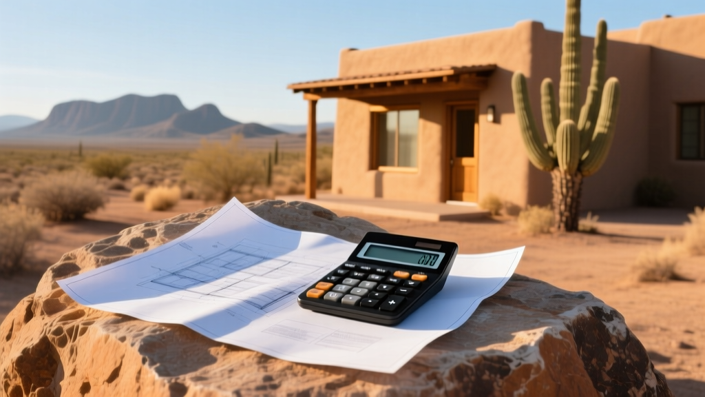 Blueprints and a financial calculator resting on a sunlit desert rock next to a wood-framed house in the Arizona Sonoran landscape