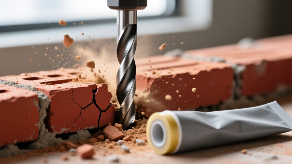 Close-up of a carbide masonry drill bit penetrating a red clay brick mortar joint, with masonry dust and sealant tube nearby