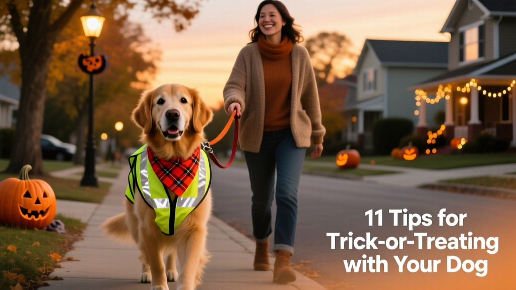 A calm, well-behaved dog wearing a reflective vest and festive bandana, walking beside their owner on a quiet neighborhood street at dusk