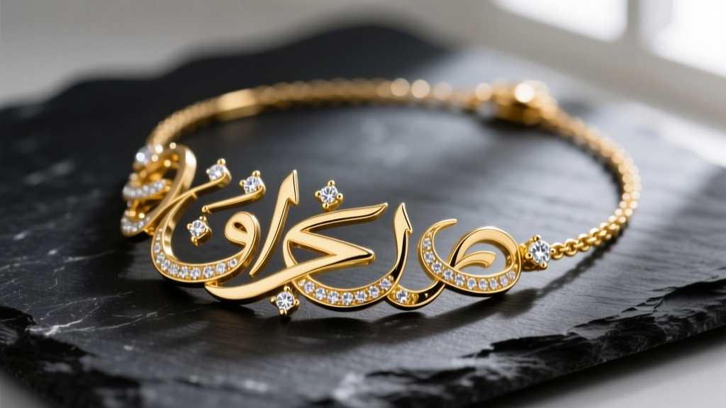 Macro shot of 18k gold Arabic letter necklace on dark slate showing intricate calligraphy curves and bright diamond pavé accents.