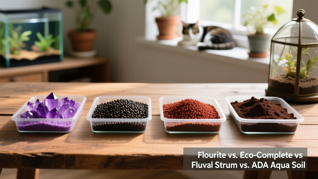 Side-by-side comparison of four popular aquarium substrates in shallow trays, showing texture and color differences