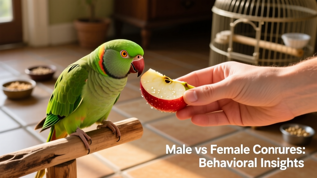 A hand gently offering a piece of fresh apple to a calm, attentive green-cheeked conure perched on a natural wooden perch