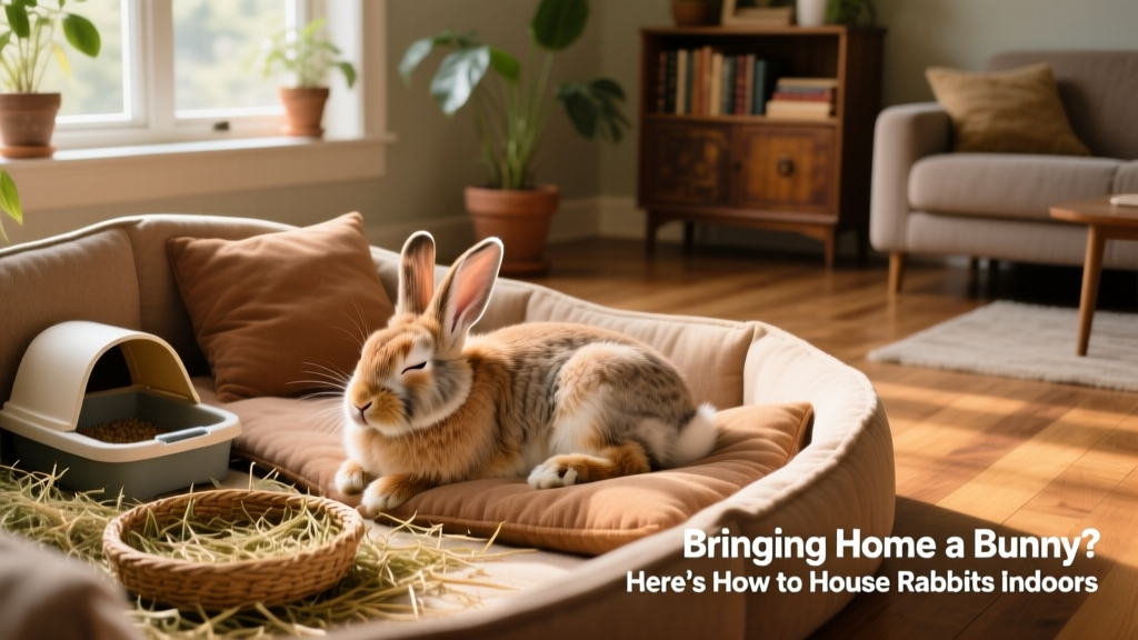 A relaxed rabbit lounging comfortably in a cozy, well-appointed indoor habitat with hay, a litter box, and soft bedding