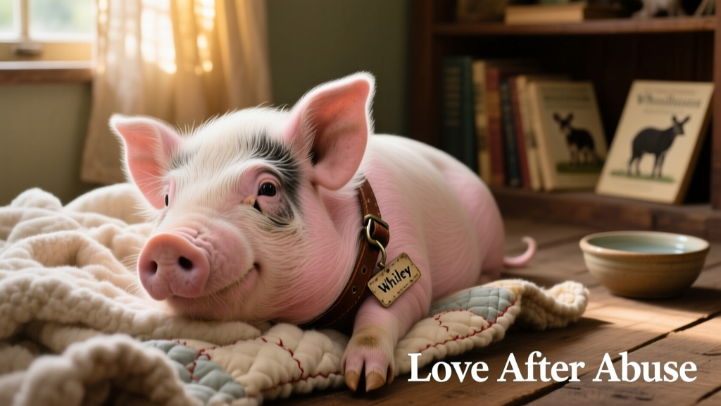 A gentle close-up of Whitley, a rescued pig resting peacefully in a softly lit, cozy room with blankets and warm lighting