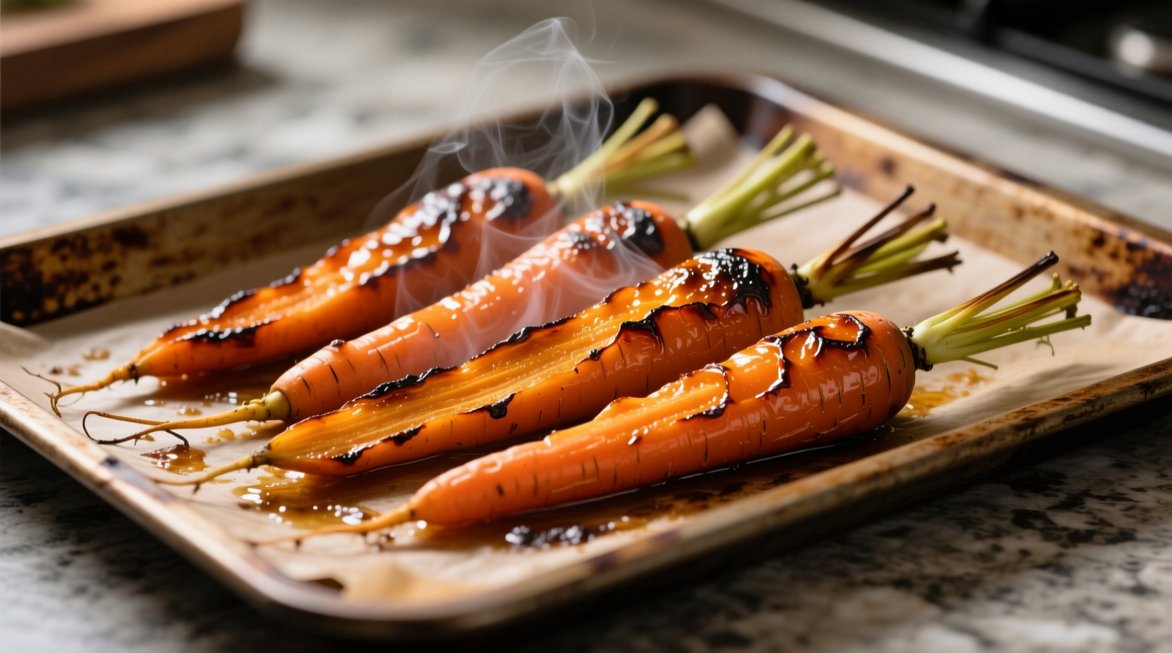 Perfectly roasted carrots with caramelized edges on baking sheet