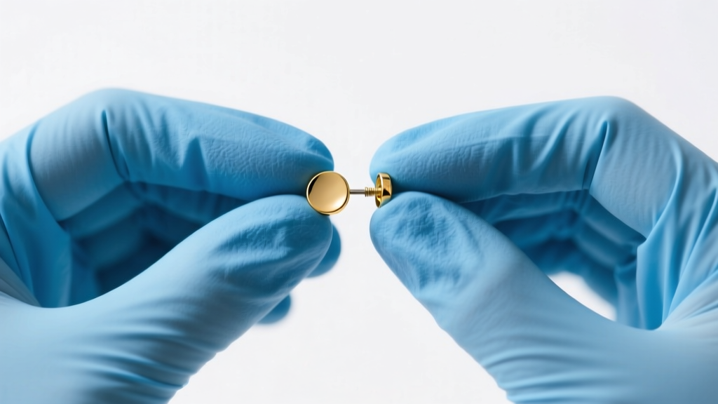 Hands in blue nitrile gloves gripping a small gold stud earring, applying careful torsion to unscrew a stuck flat back.