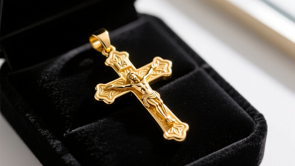 Macro photograph of a highly detailed 14k yellow gold Jesus piece necklace pendant resting on a dark velvet jewelers pad.