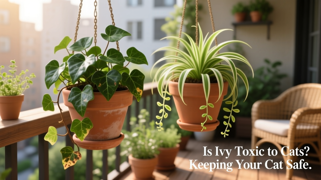 Side-by-side comparison: toxic English ivy next to safe spider plant in hanging pots