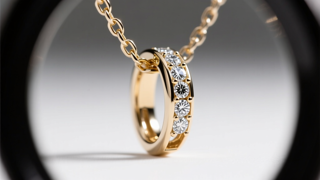 Loupe view of a bezel-set diamond pendant bail, showing a 14k white gold soldered jump ring connecting to a delicate box chain