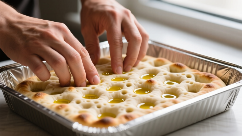 Hands pressing fingers into high-hydration focaccia dough in an aluminized steel pan, creating deep dimples for olive oil pooling