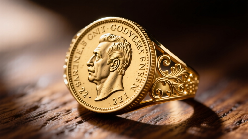 Close-up of a vintage British Gold Sovereign ring showing the 22k coin face and ornate 18k gold gallery, angled on wood.