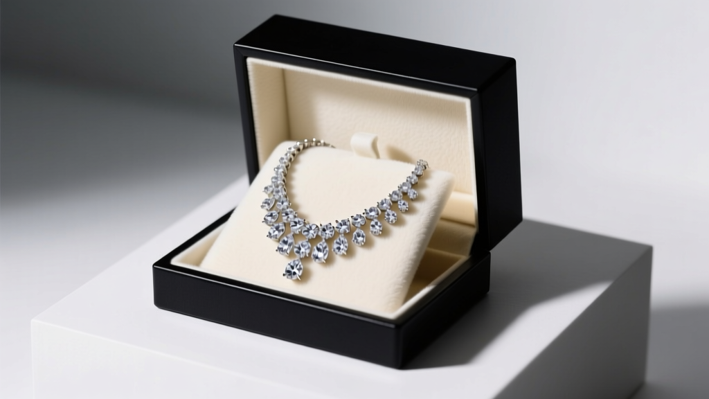 Open matte-black rigid box with cream microfiber interior holding a diamond necklace, illuminated by soft studio lighting