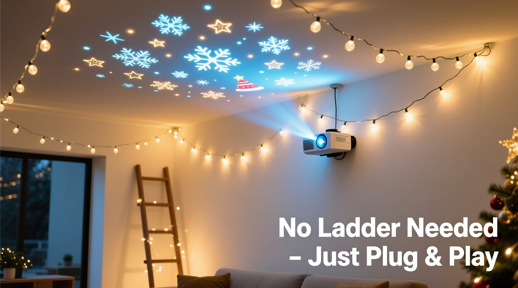christmas light projector vs string lights for ceiling which creates immersive ambiance with zero ladder climbing