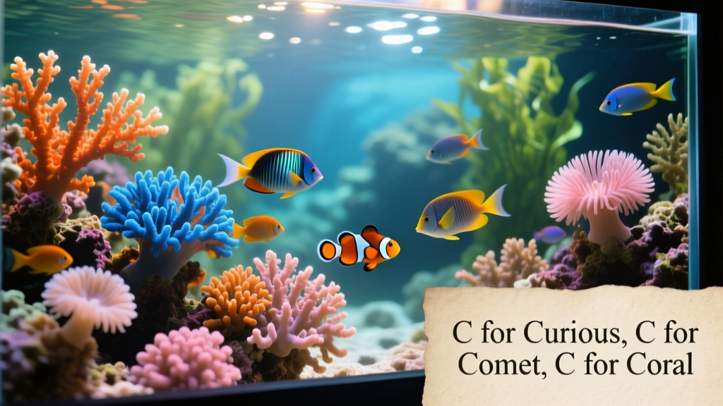 A colorful reef aquarium with coral formations and tropical fish swimming nearby