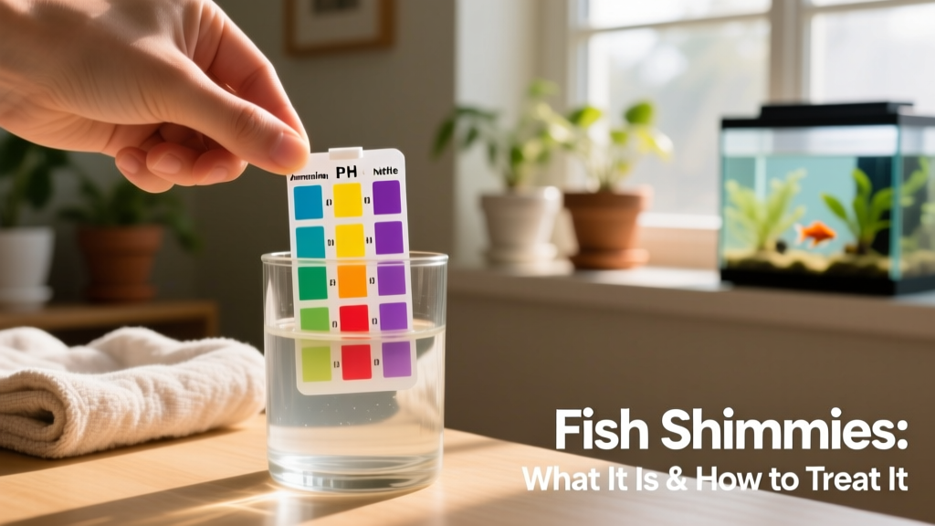 Aquarium test strips being dipped into water, showing clear color-coded results for pH, ammonia, and nitrite
