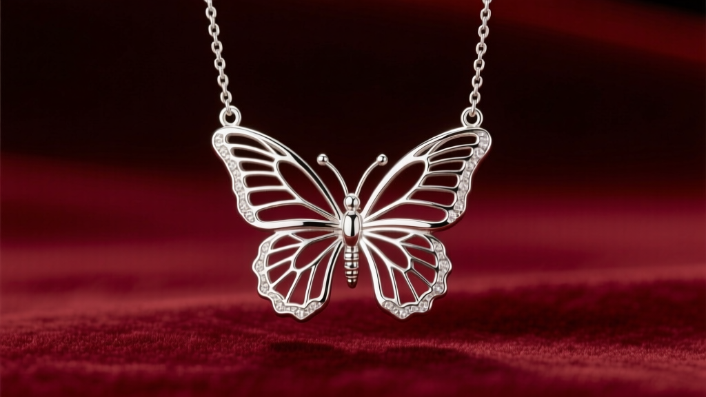 Macro shot of a sterling silver necklace butterfly pendant on velvet, highlighting intricate filigree wing details and soft shine.