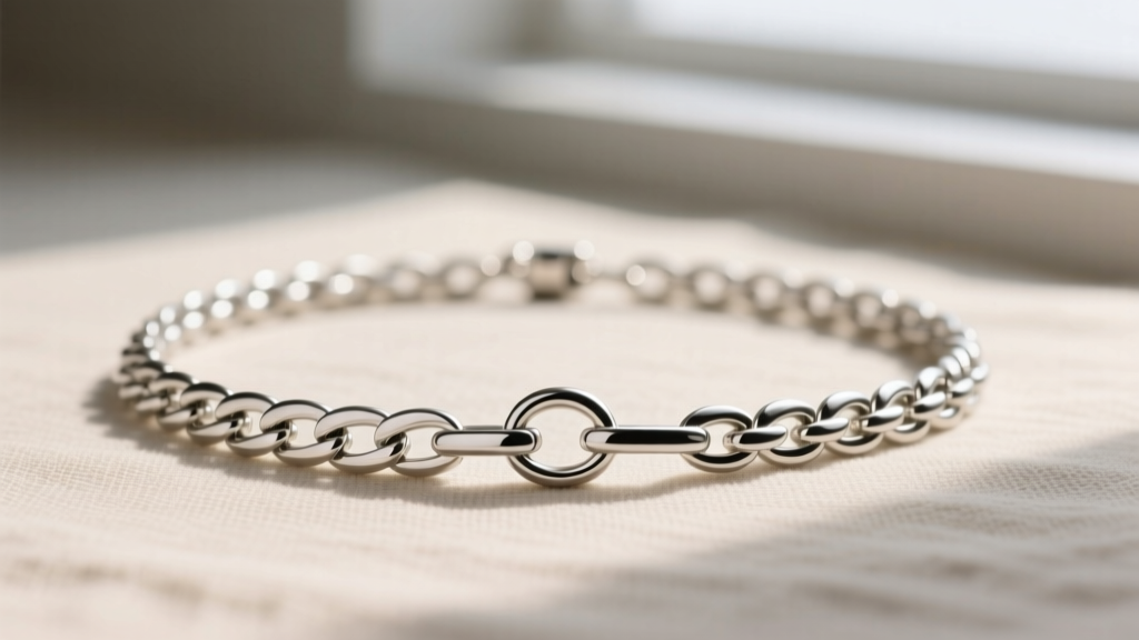 A silver wheat chain threaded through a hidden integrated bail of a minimalist v necklace, showcasing the seamless clasp mechanism.