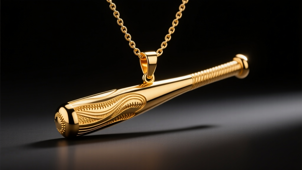 14k yellow gold baseball bat slide pendant on a 4mm Franco chain, illuminated by dramatic spotlights against a dark moody backdrop