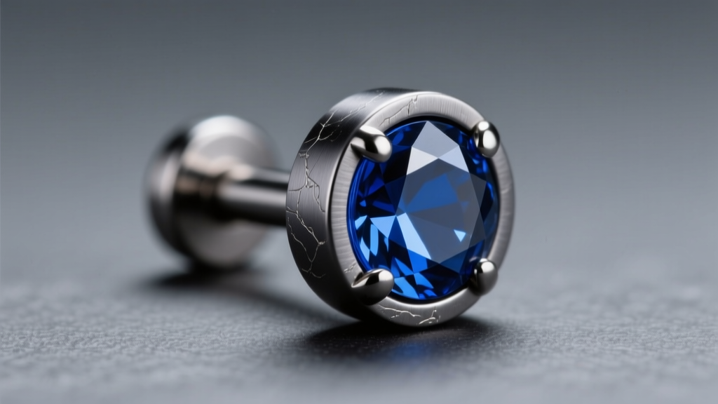 Macro shot of an implant-grade titanium threadless nostril stud with a bezel-set sapphire on dark slate under studio lighting