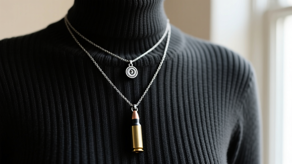 Layered necklace setup with a small 9mm steel bullet pendant and a larger blackened 5.56 NATO pendant over a dark ribbed sweater.
