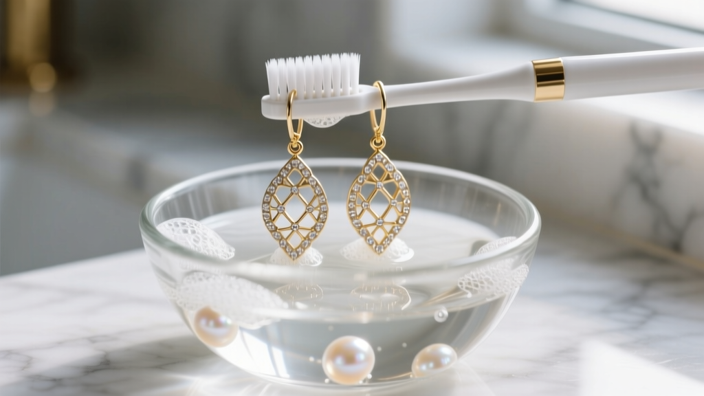 Soft toothbrush gently scrubbing intricate white gold dangle earrings submerged in a small glass bowl of warm soapy water.