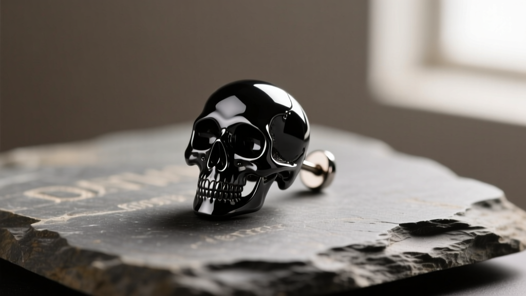 Close-up of a black zirconium skull earring stud on slate, showing matte bone texture and deep eye sockets under moody lighting