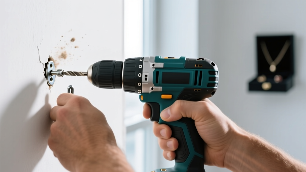 Hands using a power drill to install a metal toggle bolt anchor into white drywall to support a heavy wall-mounted jewelry box.