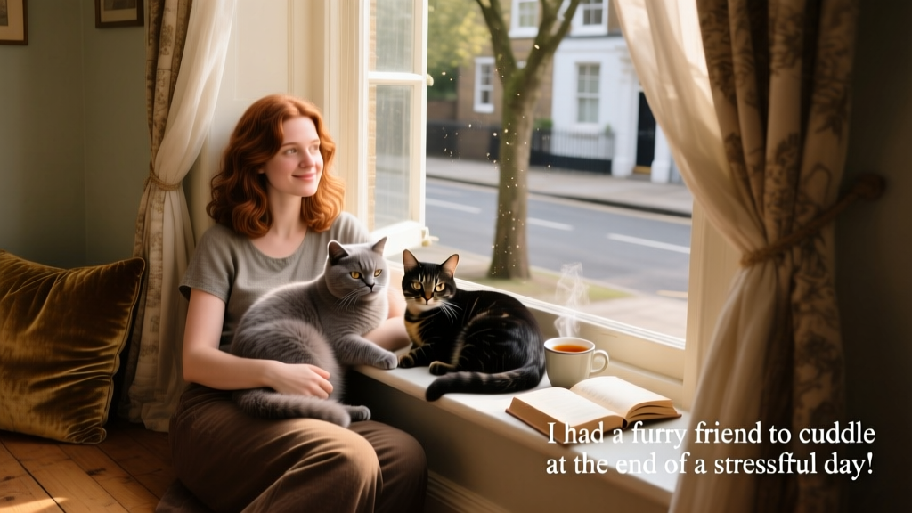 Suzie relaxing with two cats on a sunlit windowsill in a cozy London flat