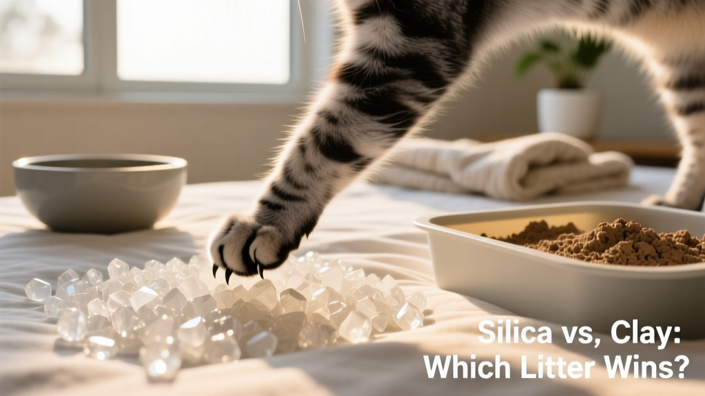 Close-up of a cat’s paw stepping confidently onto silica crystal litter