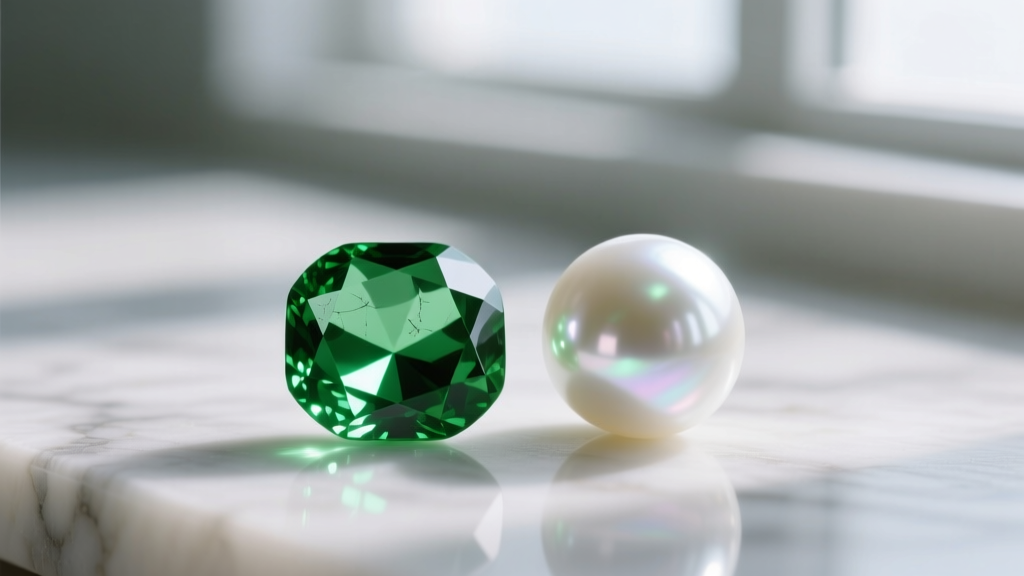 Macro photography of a single vivid green peridot gemstone resting beside a perfectly round, high-luster white freshwater pearl.