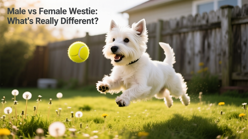 A happy, well-groomed Westie—gender ambiguous—playfully chasing a tennis ball in a sunlit backyard