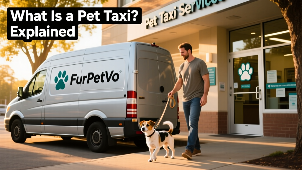 A FurPetVo van parked outside a veterinary clinic, with a driver gently guiding a small terrier mix on a leash toward the entrance