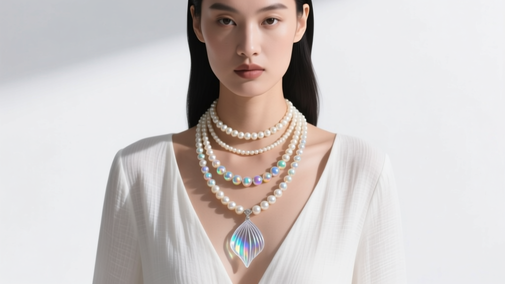 Model wearing layered splash mermaid necklaces, 16-inch pearl choker and 20-inch resin water pendant, against a white linen top