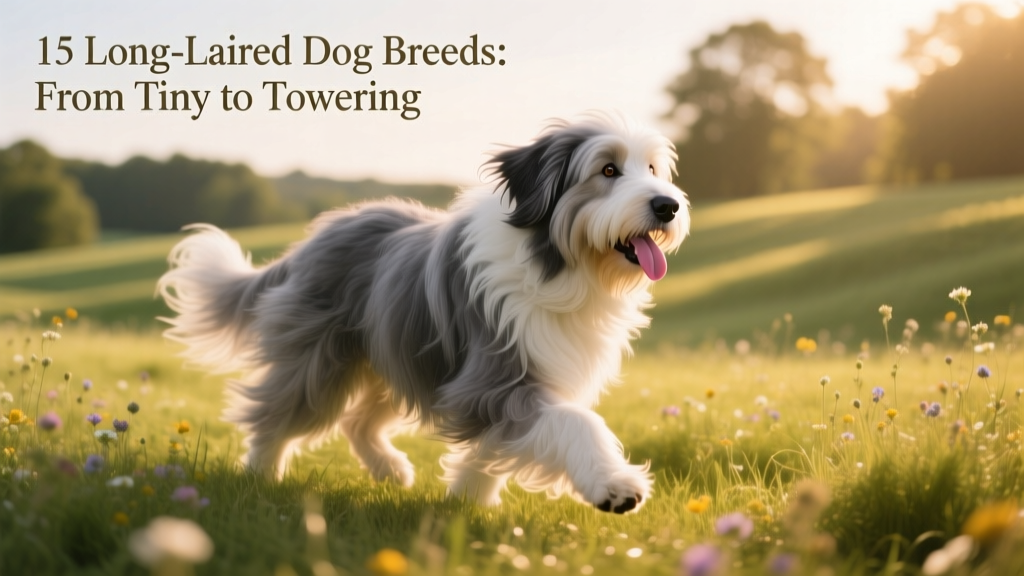 A Bearded Collie trotting through a grassy meadow, its shaggy gray-and-white coat rippling in motion, tongue lolling happily