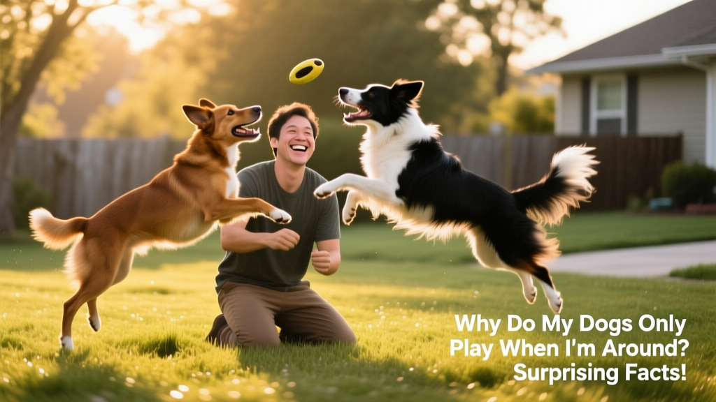 A person kneeling on grass, smiling as their two dogs leap mid-air during a game of fetch