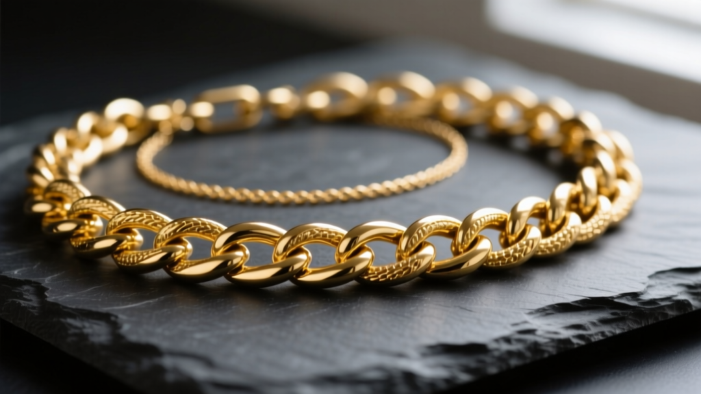 Close-up macro photography of two layered gold chains, one thick gold filled and one delicate gold plated, resting on dark slate.