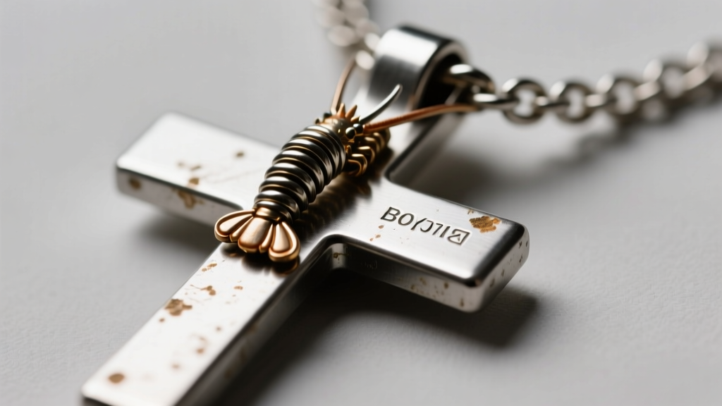 Macro shot of a lobster clasp on a boys cross necklace, showing the spring mechanism and minor wear on the polished metal surface.