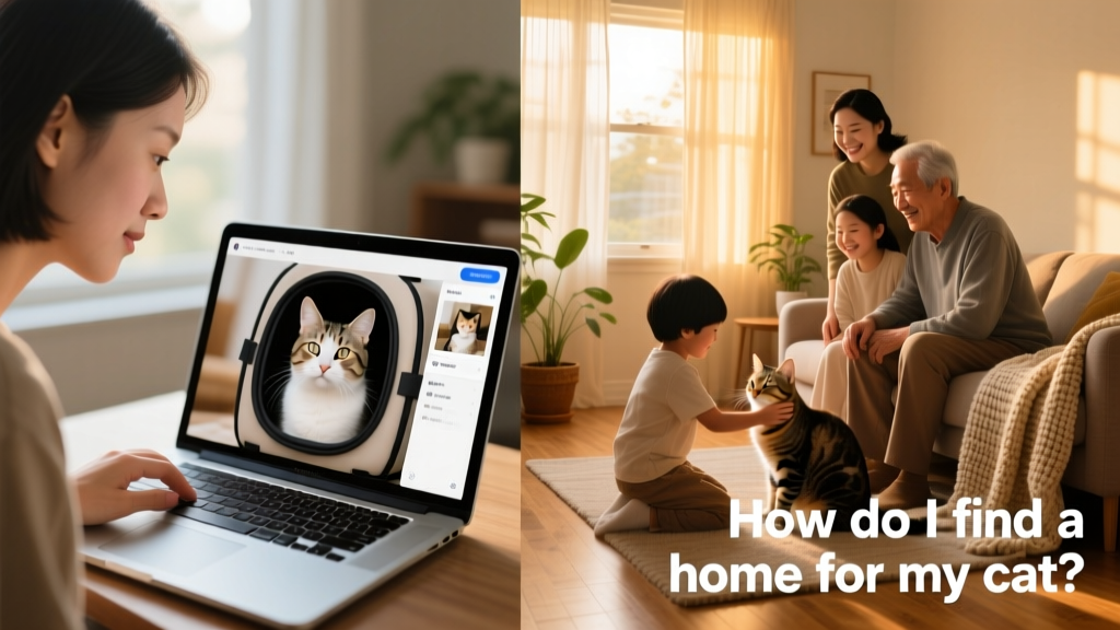 A split-screen graphic showing a person uploading photos on a laptop and a smiling family welcoming a cat into their living room