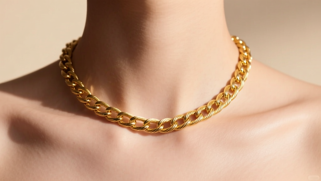 Close-up of a delicate 16-inch 18k gold cable chain resting perfectly on a model's clavicle, soft studio lighting highlighting skin