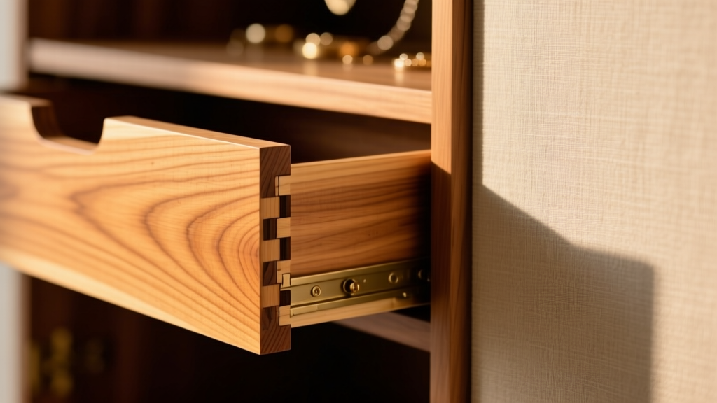 Close-up of solid hard maple dovetail drawer joints on a floor jewelry armoire, highlighting the natural wood grain and texture.