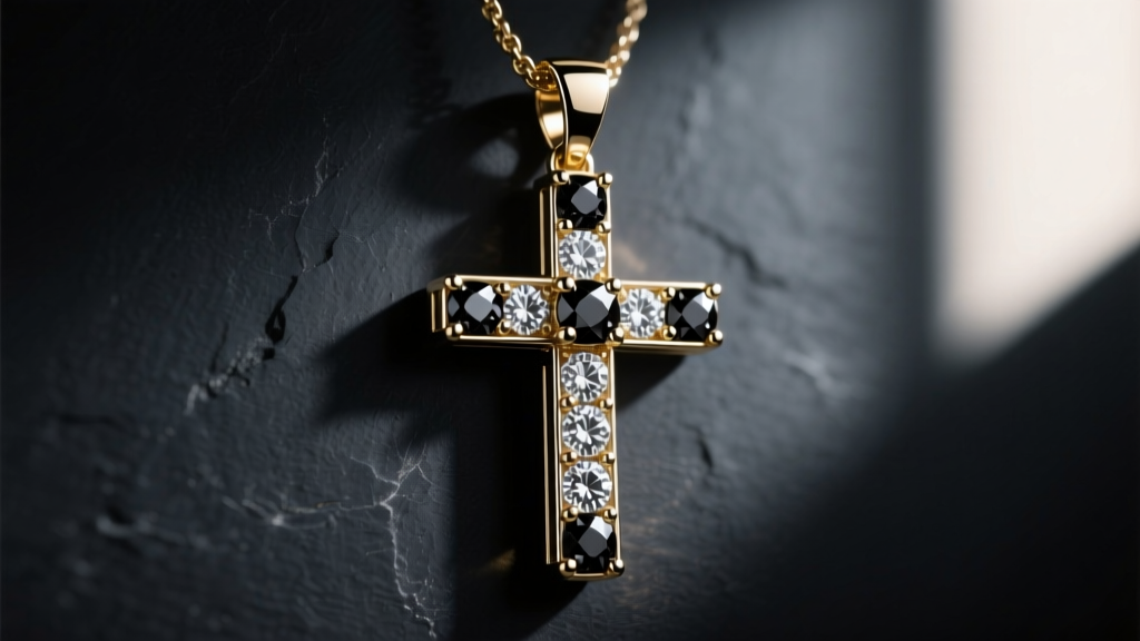 14k white gold cross pendant with pave black diamonds on dark slate, moody lighting highlighting the dark facets and metal shine