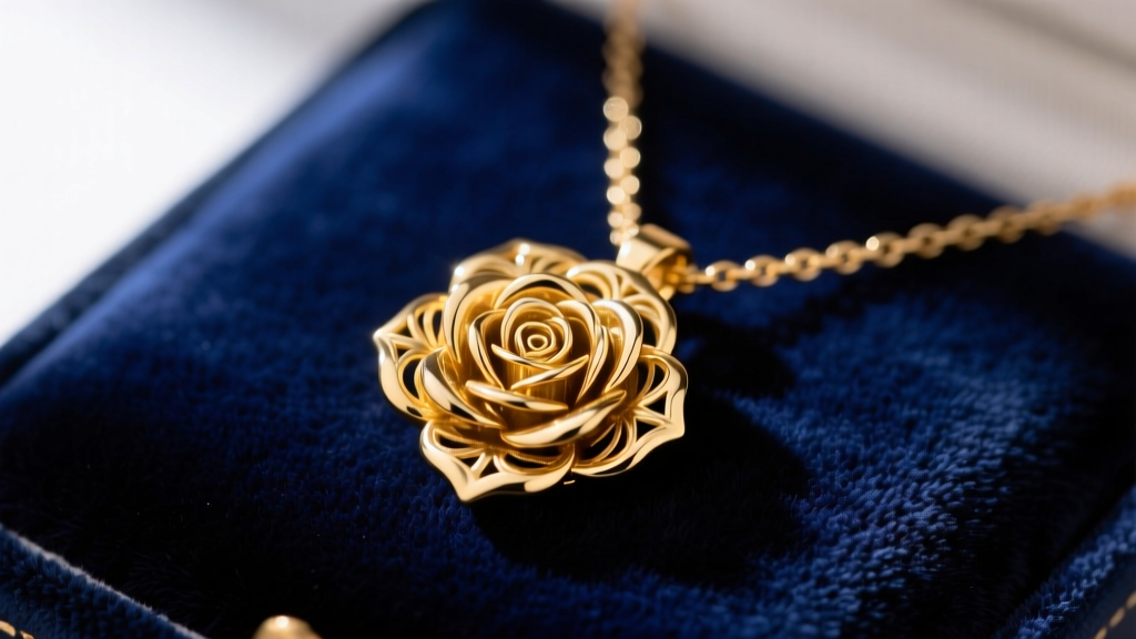 Macro photograph of a vintage Krementz 14K gold-filled dimensional rose pendant necklace resting elegantly on dark navy velvet
