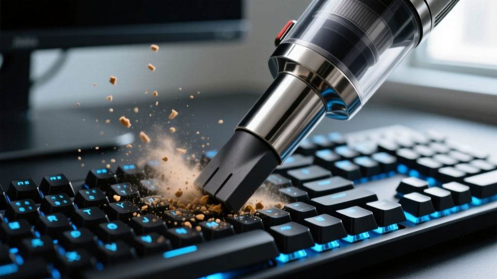 Close-up of a high-powered metallic desktop vacuum cleaner sucking up micro-dust and crumbs from a dark mechanical keyboard.