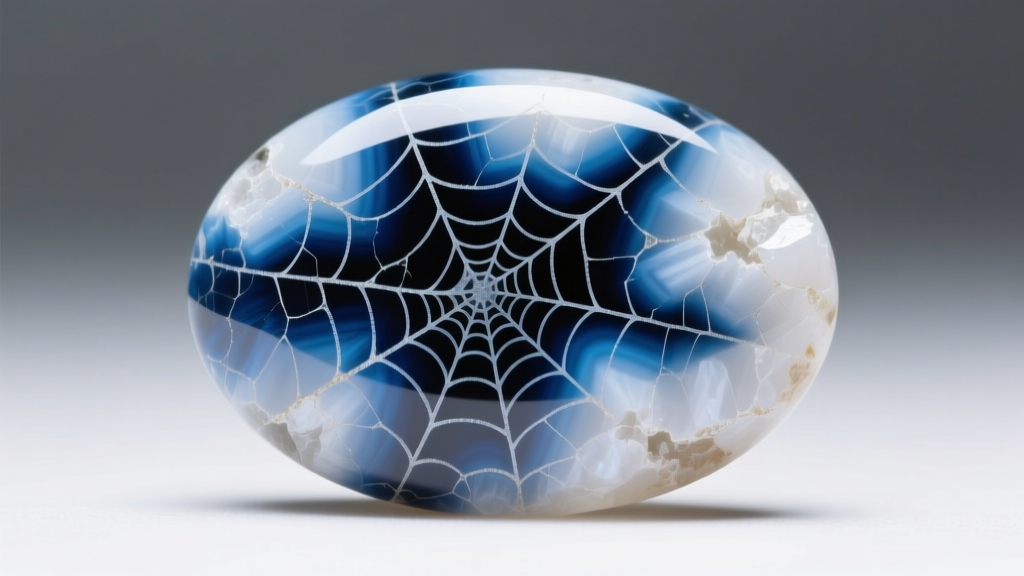 Macro shot of a dyed howlite cabochon showing artificial webbing and dark dye concentration in crevices under bright studio light